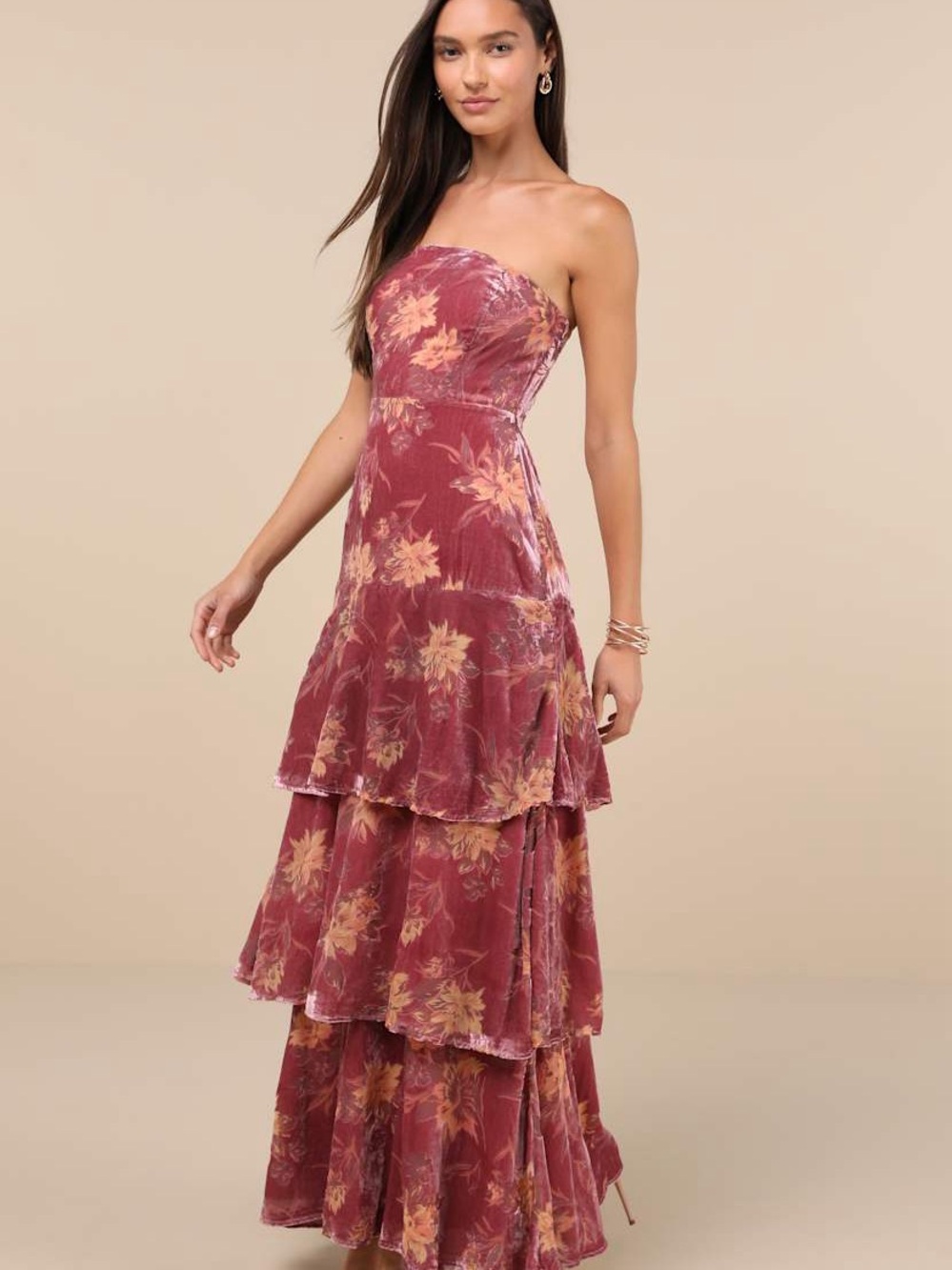 Lulu's Mauve Floral Strapless Velvet Tiered Maxi Dress - Picture 4 of 6